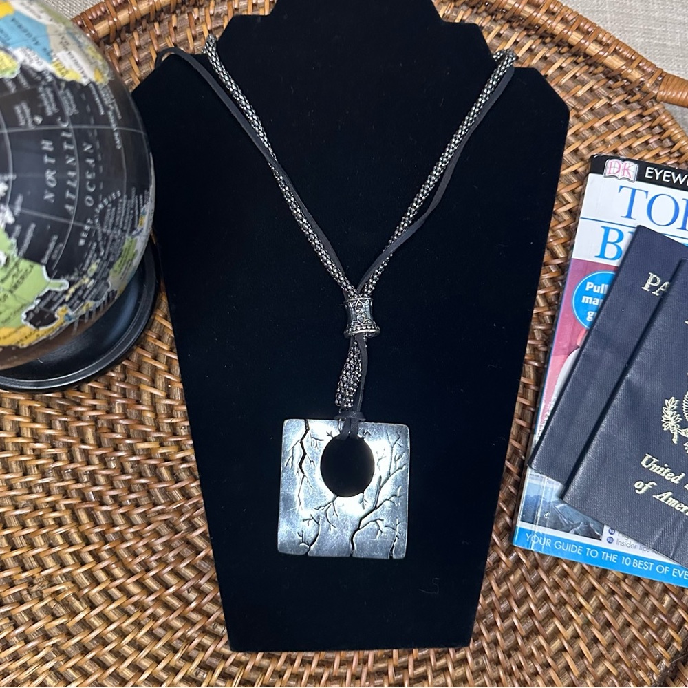 Pendant Necklace Square Tree Branch Mesh Chain Metal  with Leather Silver Tone